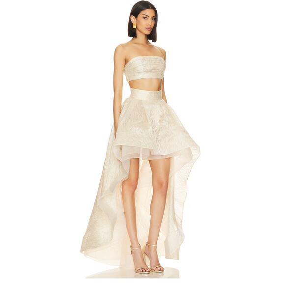 Bronx and Banco Tiara Pleated Strapless High-Low Gown Jacquard Cream Size XS - Picture 2 of 13
